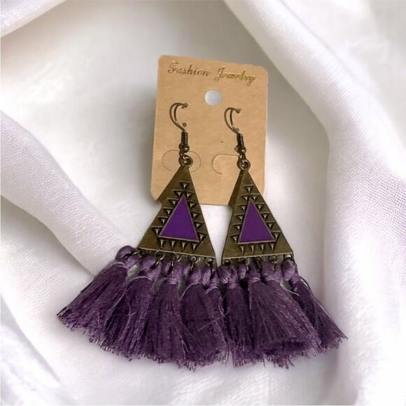Boho Festival Copper Sphere Metalwork Agate Beads Purple Tassel Dangle Earrings - Picture 10 of 16